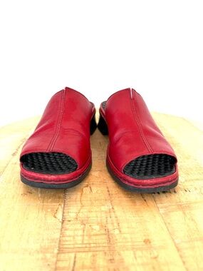 Rieker Open Toe Sandals with Stacked Heels, Red Leather with Black Soles